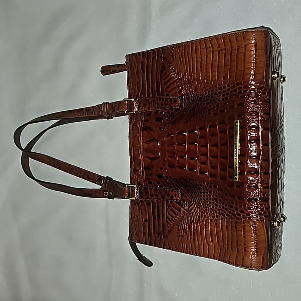 Brahmin Anywhere Leather Tote Pecan Miss brass Fob, some wear see pic